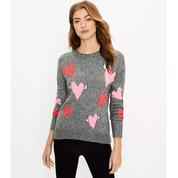 NWT LOFT Lou & Grey Grey W/Pink & Red Hearts Sweater - SIZE MEDIUM - Picture 2 of 8